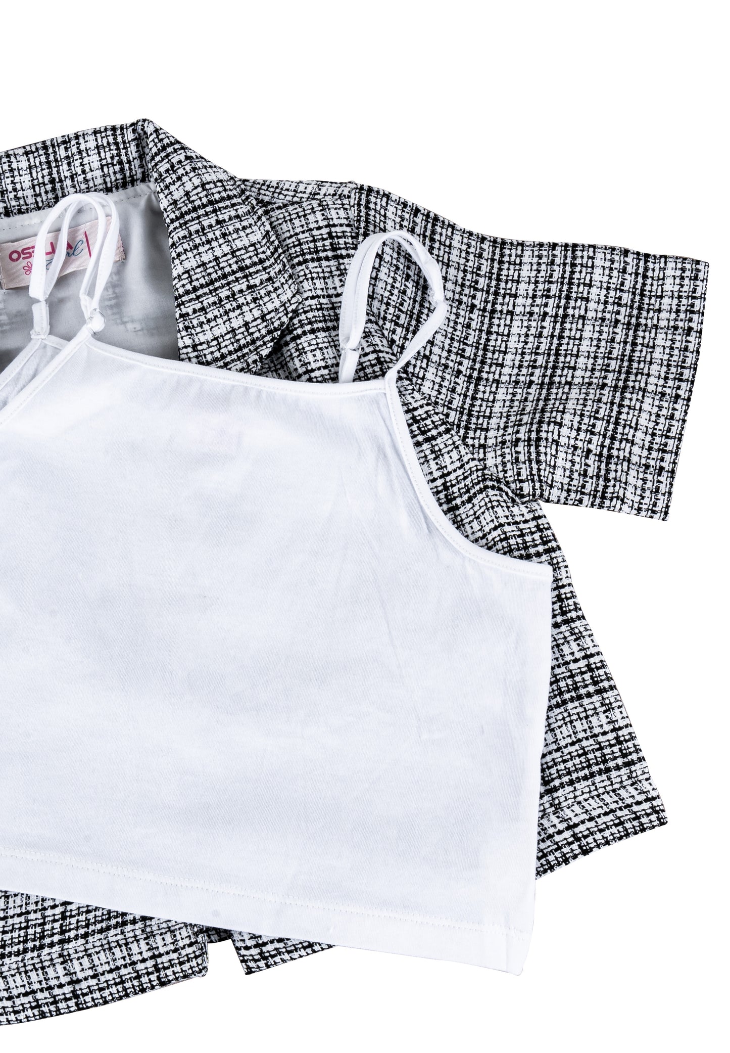 Osella Kids Short Sleeve Tweed Look Blazer In Black And White Pattern With Additional Tanktop