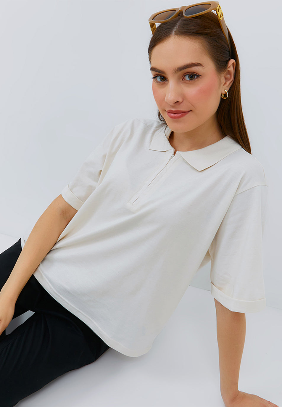 Osella Ladies Polo Collar Crop T-Shirt In White