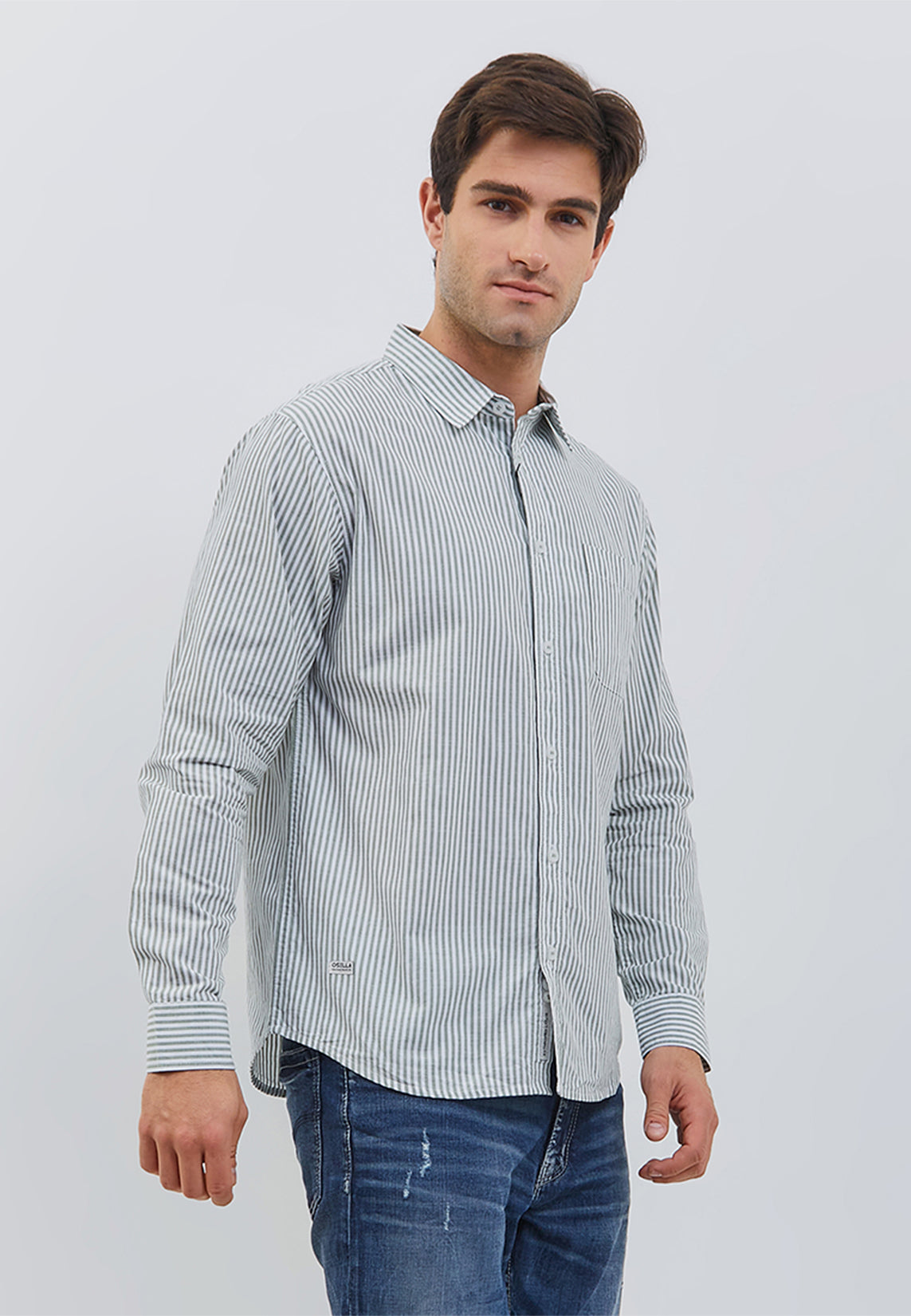 Osella Regular Fit Stripe Shirt In Sage Green And White Patterns
