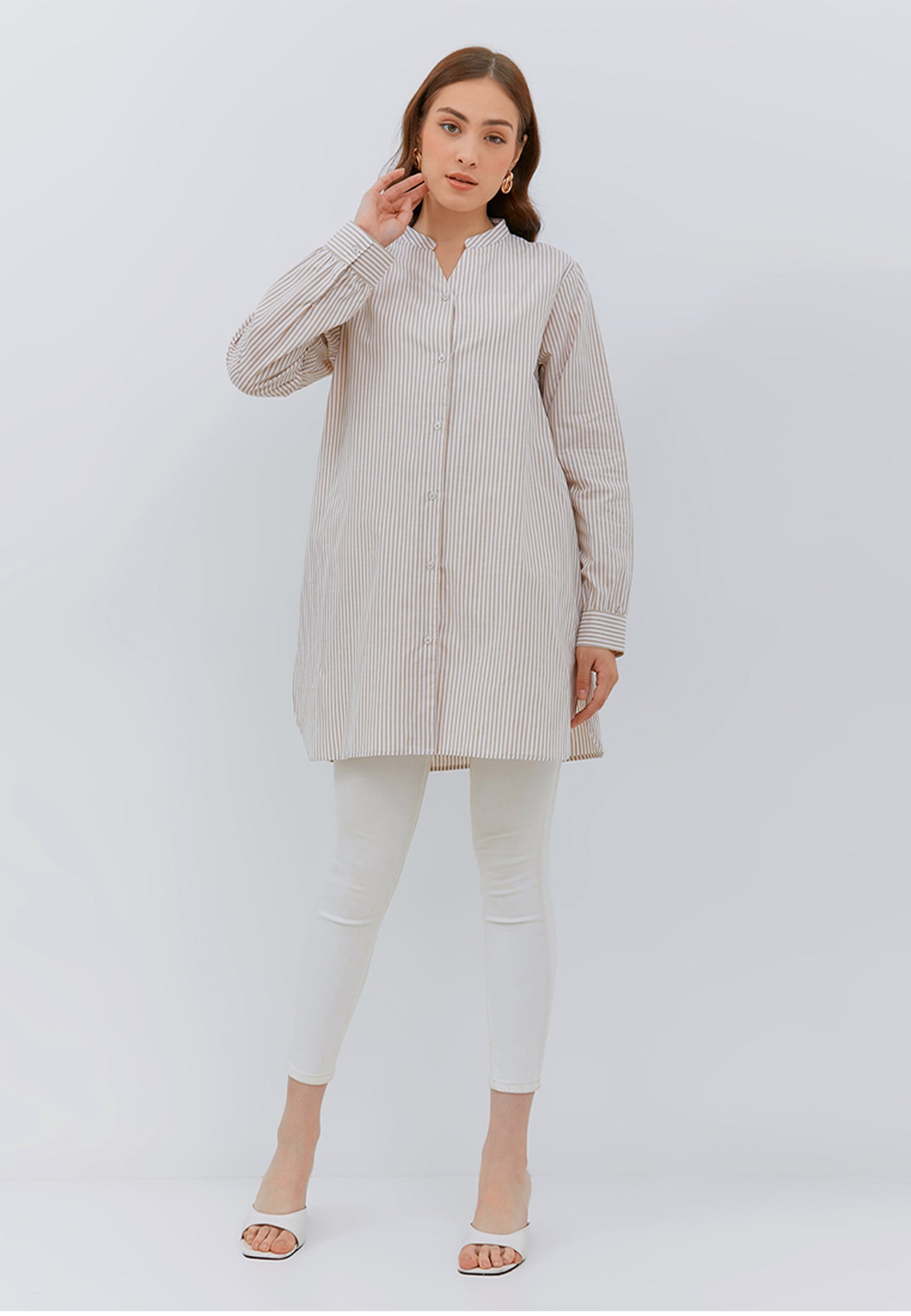 Osella Ladies Stripe Tunic Shirt In Beige And White