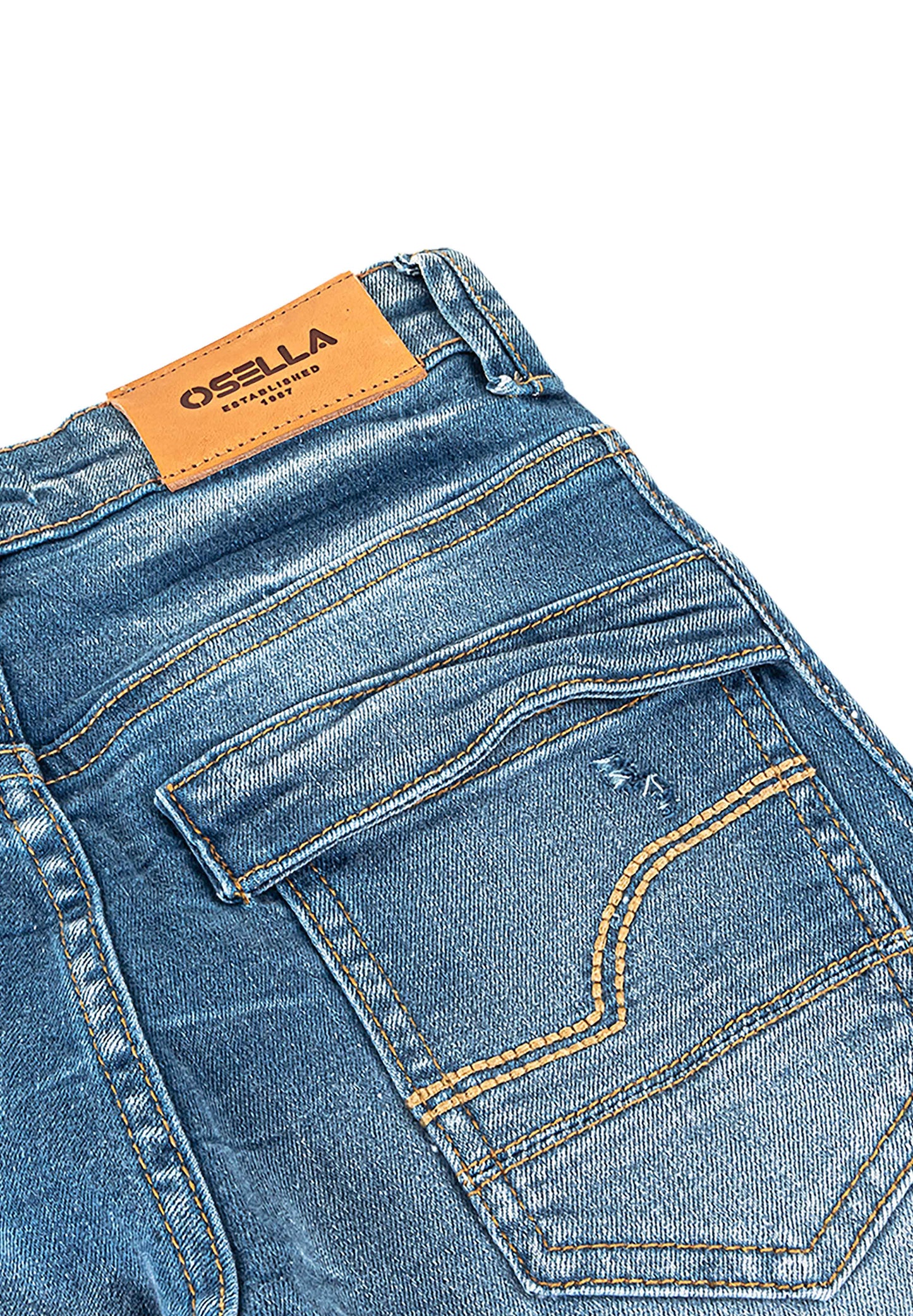Osella Kids Slim Fit Long Denim Pants In Medium Blue Wash