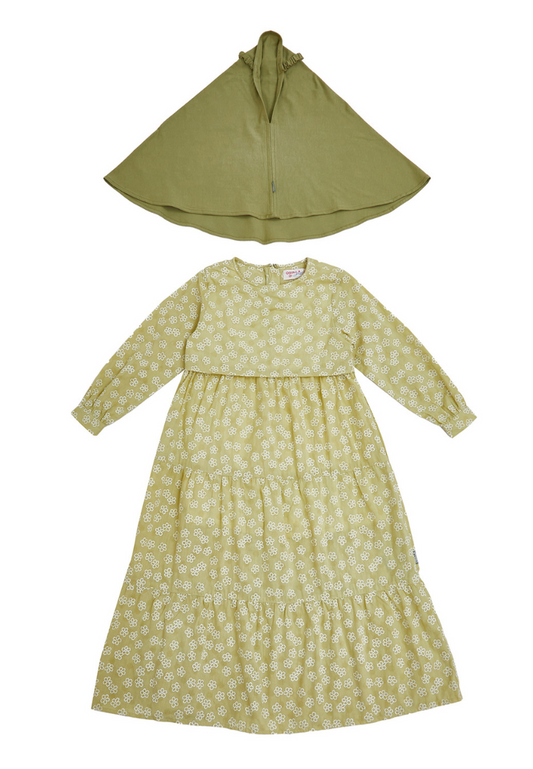 Osella Kids Layered Maxi Dress In Floral Sage Green Patterns + Additional Hijab
