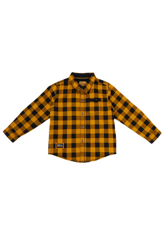 Osella Kids Boy Desert Checkerd Regular Long Sleeve Shirt In Mustard And Black
