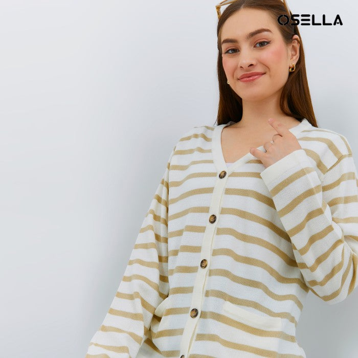 Osella Ladies Stripe Knit Cardigan In Beige And White