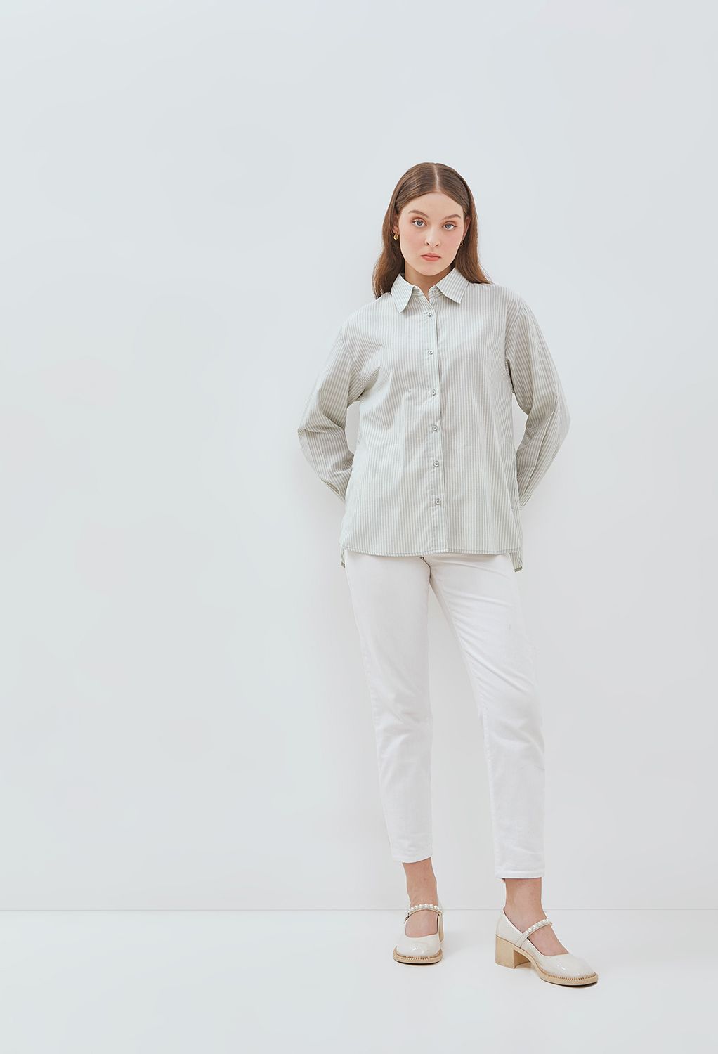 Osella Striped Collared Shirt In Mint Green dan White 2137500867