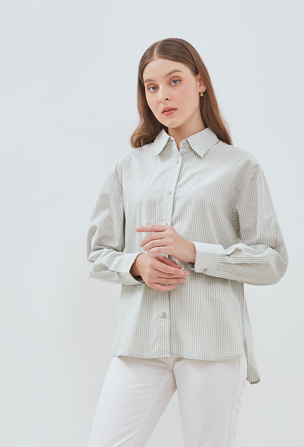 Osella Striped Collared Shirt In Mint Green dan White 2137500867