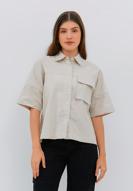 Osella Ladies Short Sleeve Boxy Shirt With Pocket In Ivory