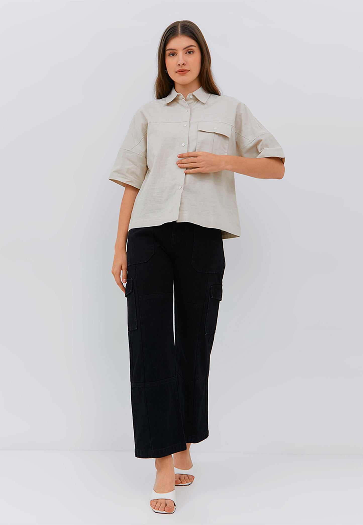 Osella Ladies Short Sleeve Boxy Shirt With Pocket In Ivory