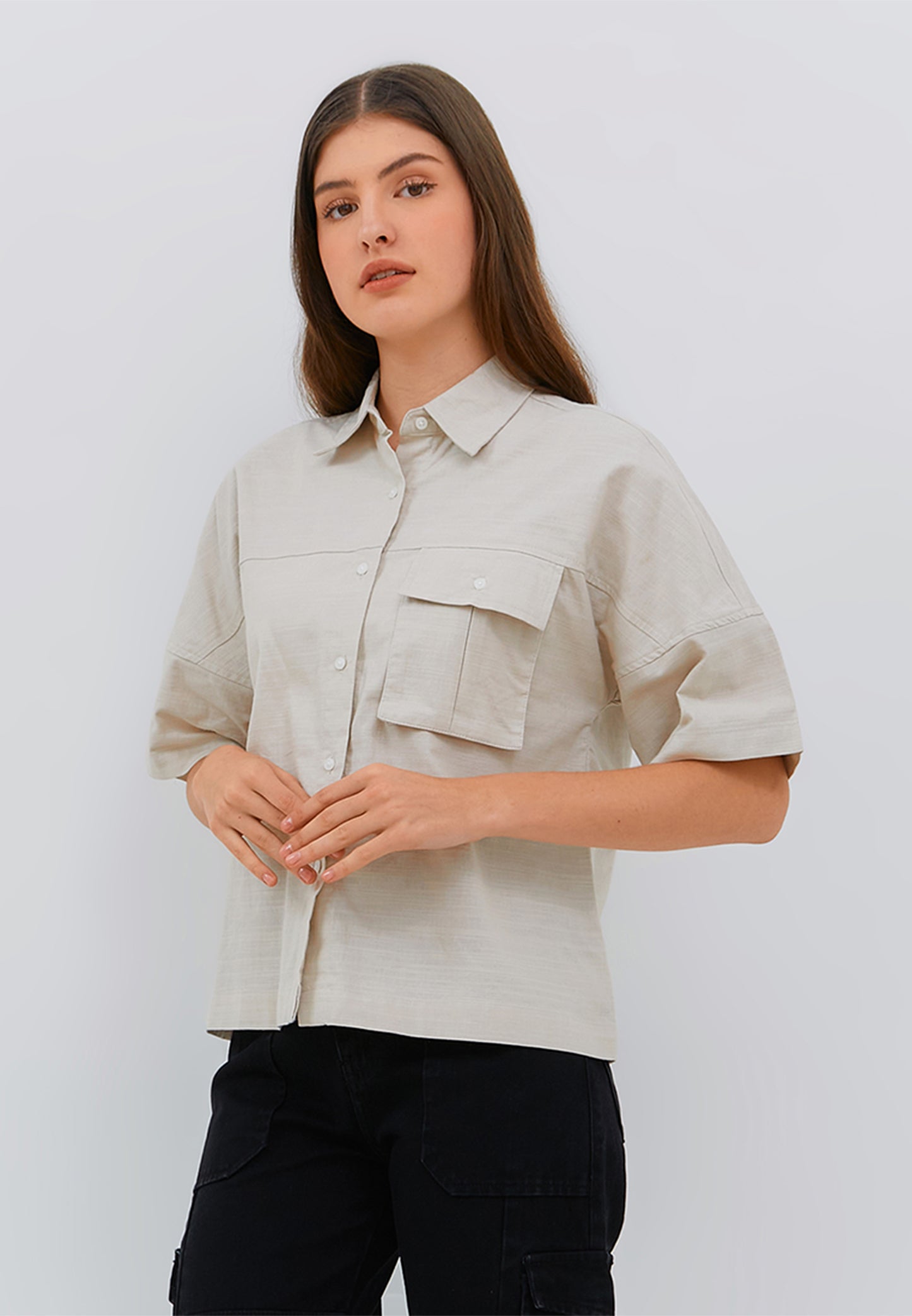 Osella Ladies Short Sleeve Boxy Shirt With Pocket In Ivory