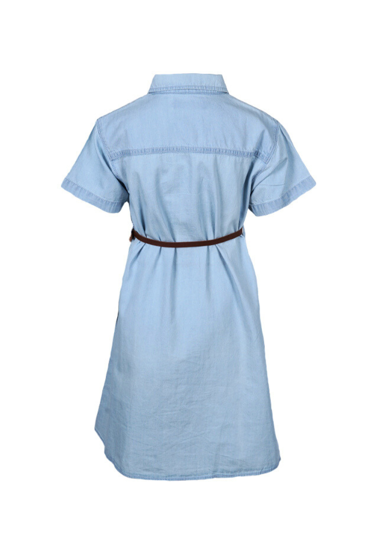 Osella Kids Girl Short Sleeve Denim Midi Dress in Light Blue Wash