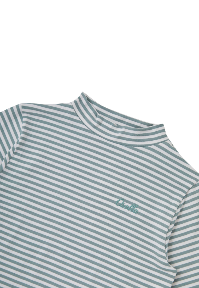 Osella Kids Mock Neck Long Sleeve Stripe T-Shirt In Sage Green And White