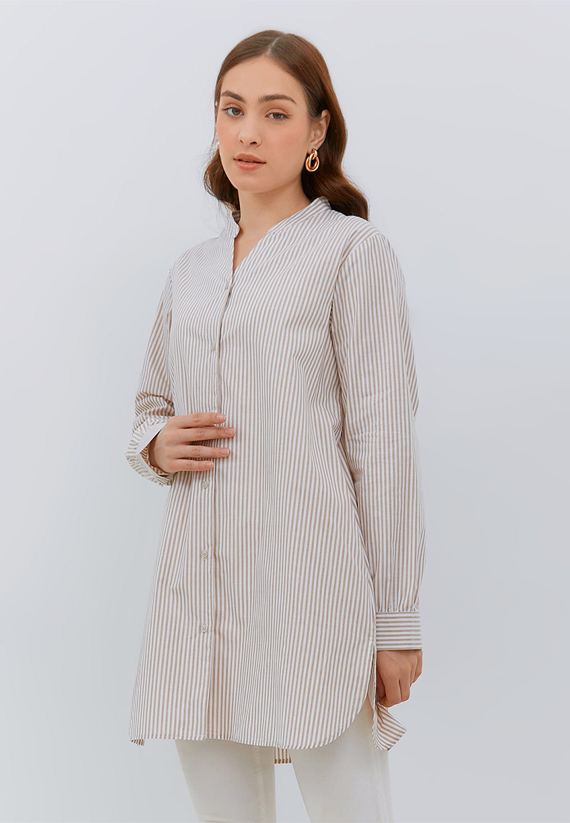 Osella Ladies Stripe Tunic Shirt In Beige And White