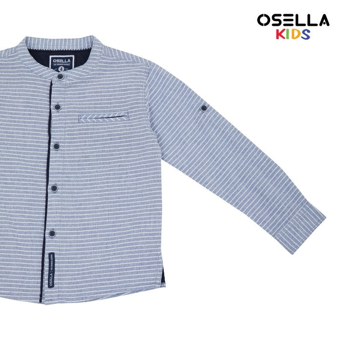 OSELLA STRIPE PATTERN SHANGHAI COLLAR LONG SLEEVE SHIRT IN LIGHT INDIGO AND WHITE 22375204 | Atasan Kemeja Lengan Panjang Anak Laki Laki