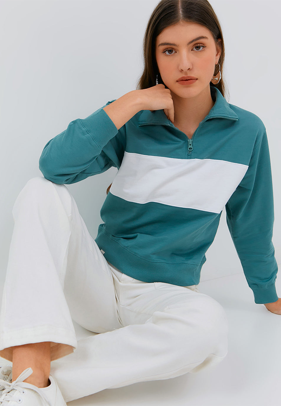 Osella Cut And Sew Half Zip Sweater In Green And White