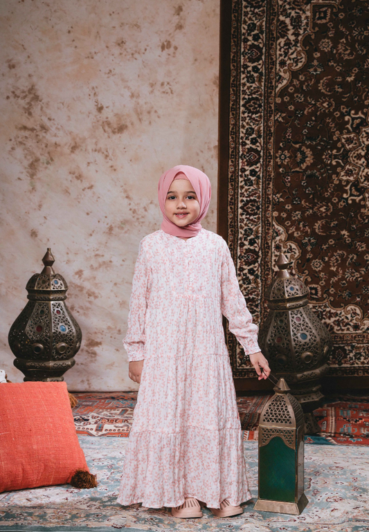 Osella Kids Floral Maxi Dress In White And Peach + Additional Pashmina