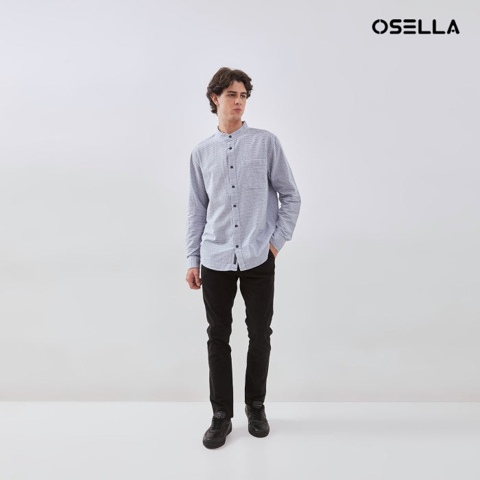 OSELLA STRIPED SHANGHAI COLLARED LONG SLEEVE SHIRT IN BLUE AND WHITE 2037521042 | Atasan Kemeja Pria Lengan Panjang Lebaran