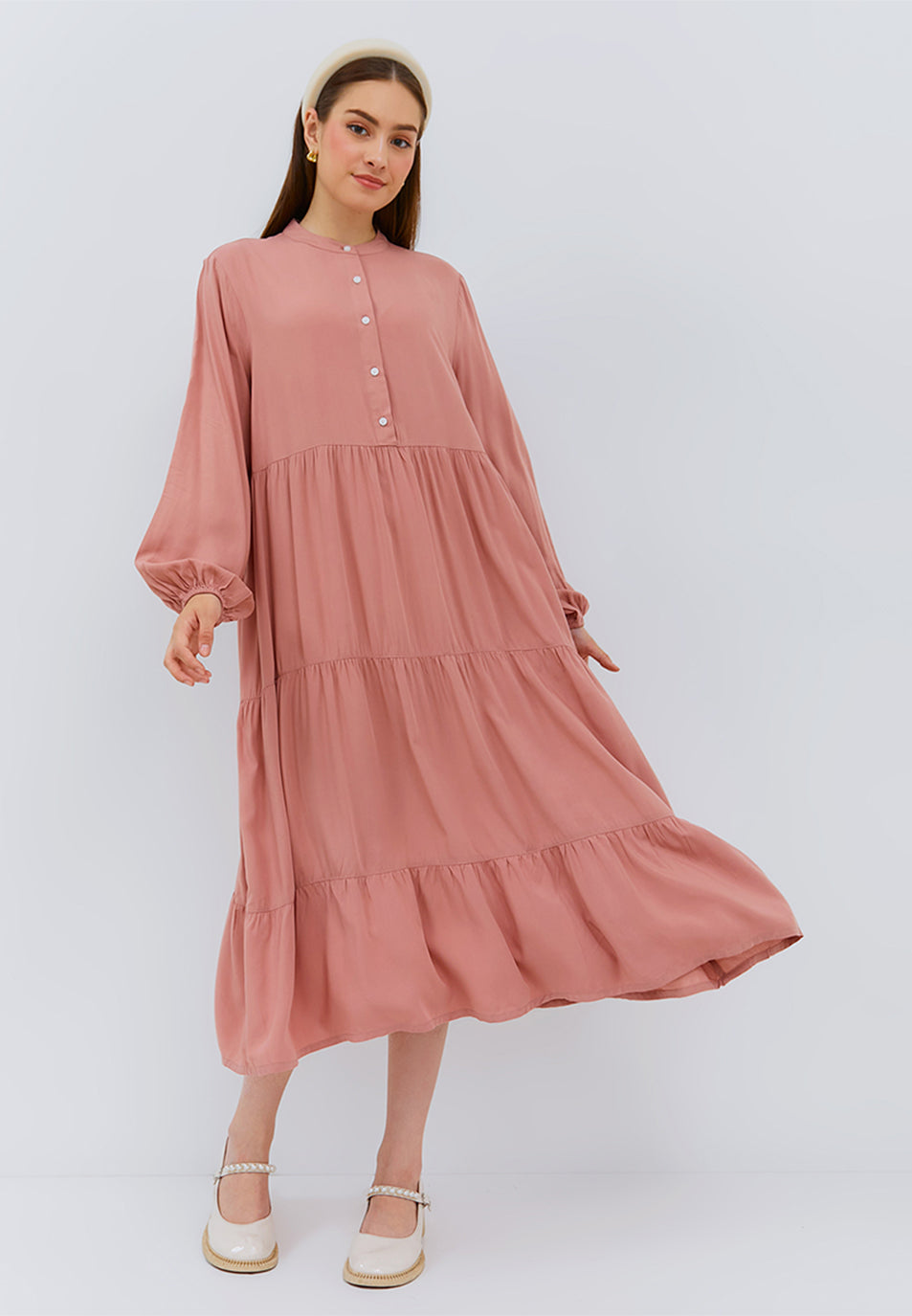 Osella Ladies Long Sleeve Layered Maxi Dress With Puff Sleeve In Light Brown Osella Ladies Long Sleeve Layered Maxi Dress With Puff Sleeve In Light Brown