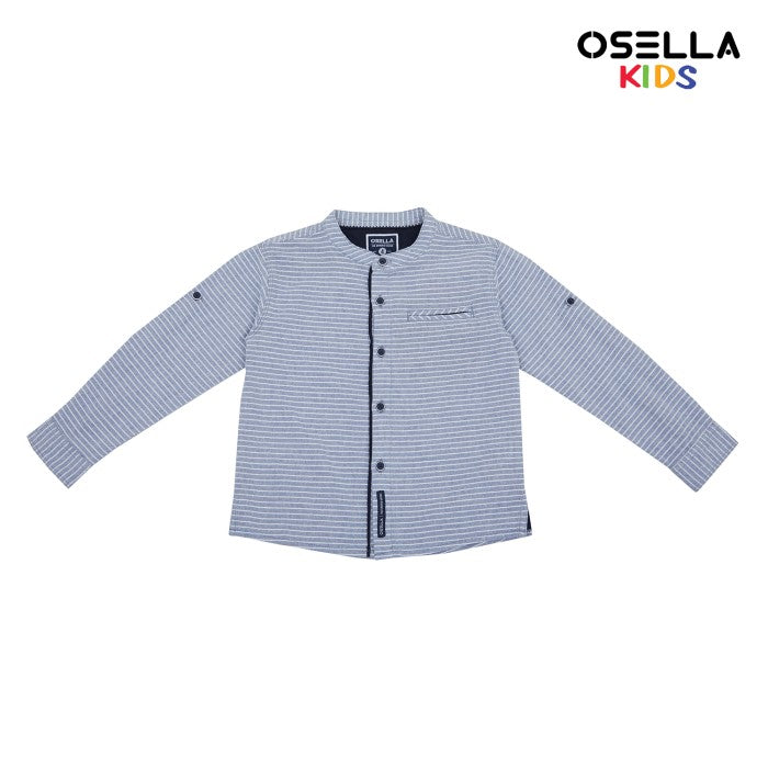 OSELLA STRIPE PATTERN SHANGHAI COLLAR LONG SLEEVE SHIRT IN LIGHT INDIGO AND WHITE 22375204 | Atasan Kemeja Lengan Panjang Anak Laki Laki