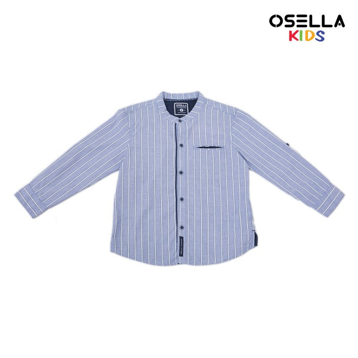 OSELLA STRIPE PATTERN SHANGHAI COLLAR LONG SLEEVE SHIRT IN LIGHT INDIGO AND WHITE 22375204 | Atasan Kemeja Lengan Panjang Anak Laki Laki