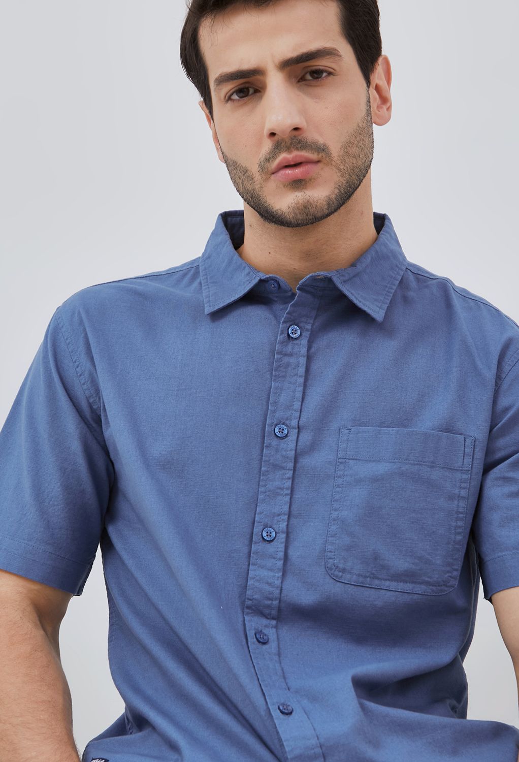 Osella Solid Short Sleeve Collared Shirt With Fancy Slub Fabric 2032500161