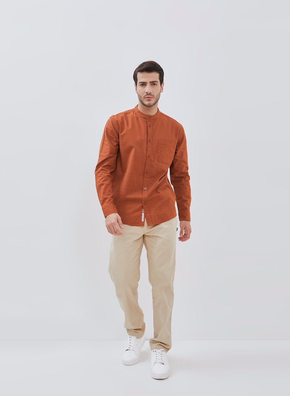 Osella Solid Cotton Slub Shanghai Collared Long Sleeve Shirt