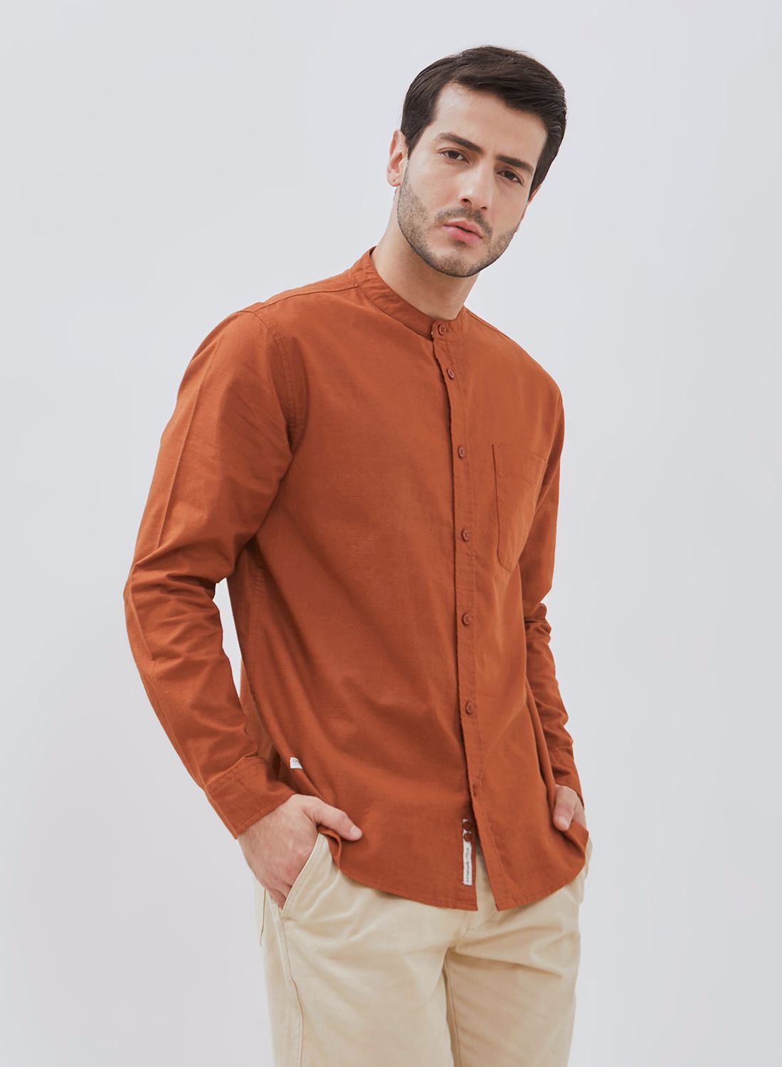 Osella Solid Cotton Slub Shanghai Collared Long Sleeve Shirt