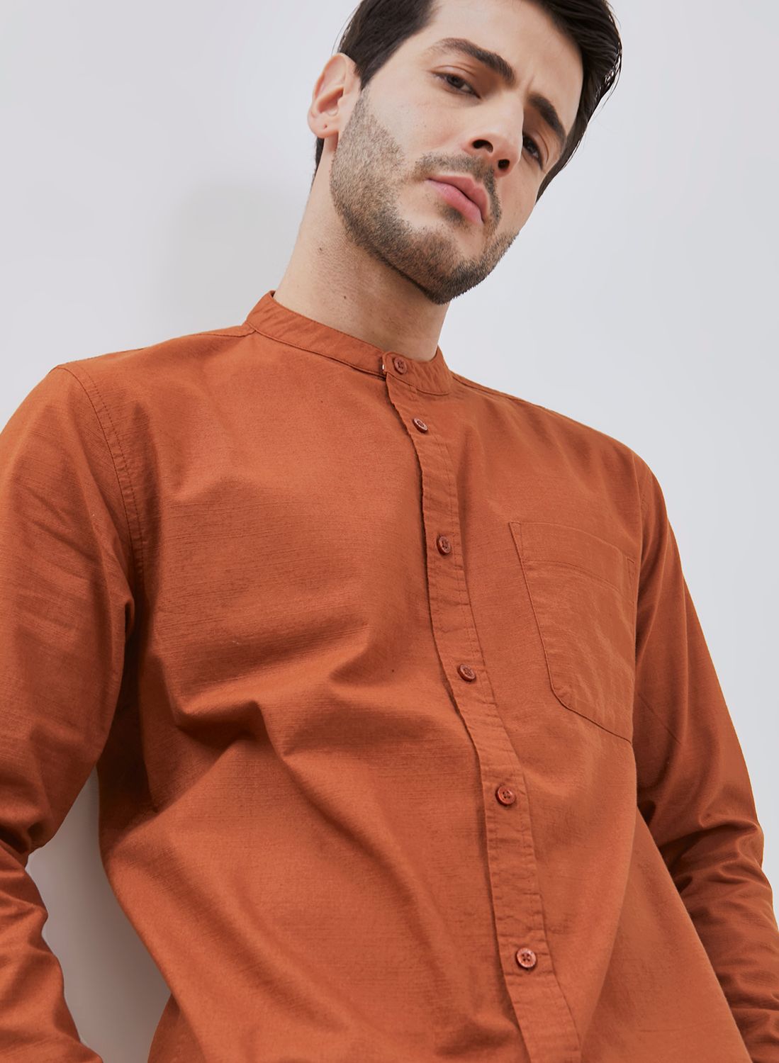 Osella Solid Cotton Slub Shanghai Collared Long Sleeve Shirt