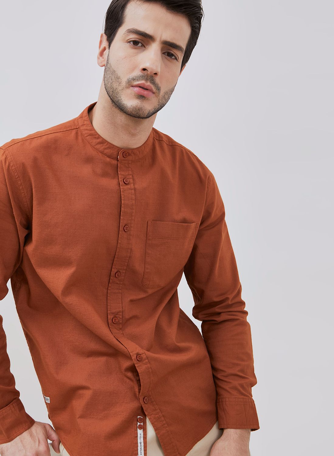 Osella Solid Cotton Slub Shanghai Collared Long Sleeve Shirt
