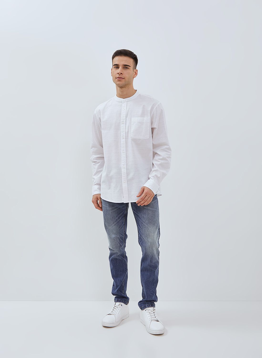 Osella Linen Look Slub Long Sleeve Shanghai Collar Shirt