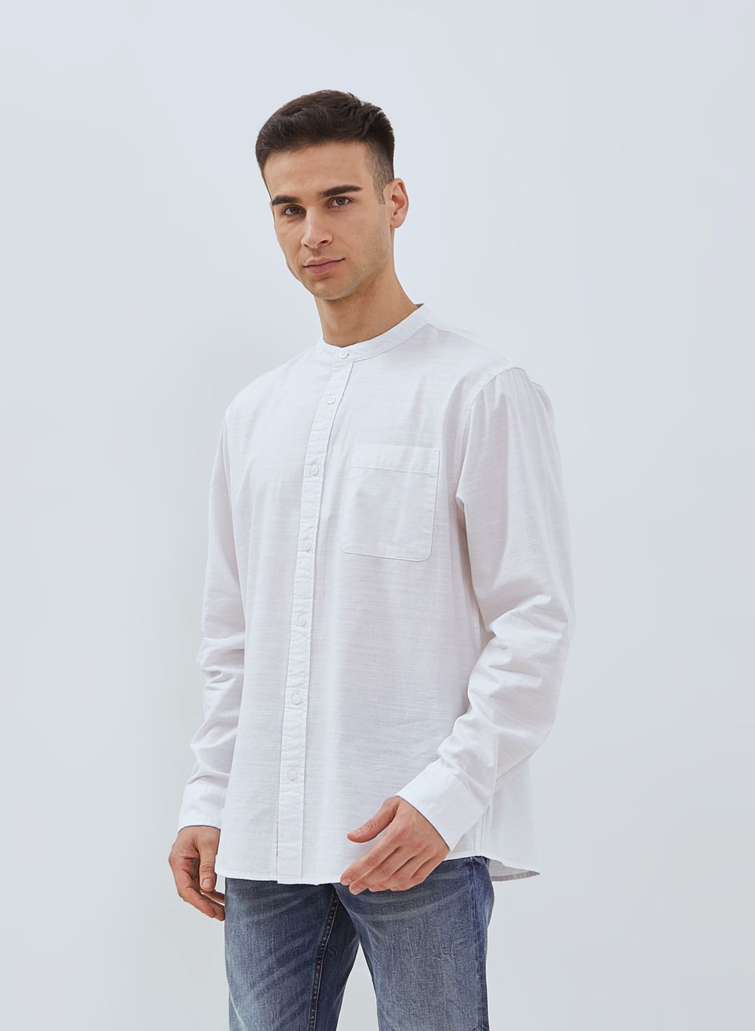 Osella Linen Look Slub Long Sleeve Shanghai Collar Shirt