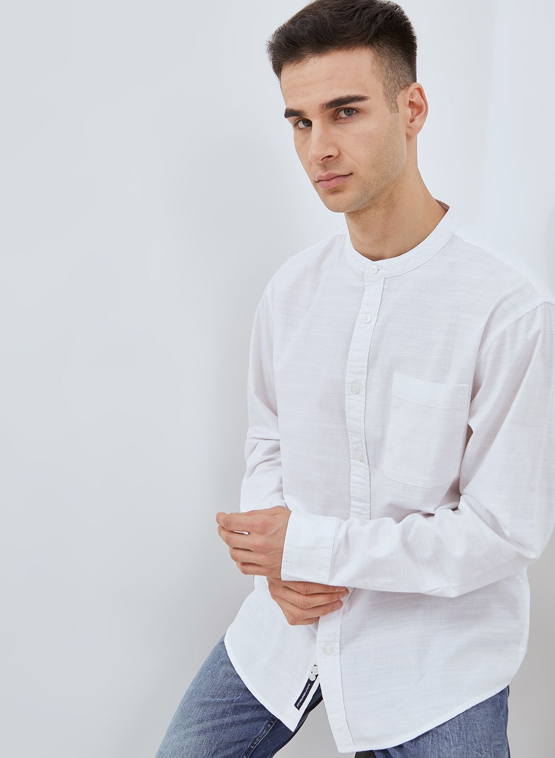 Osella Linen Look Slub Long Sleeve Shanghai Collar Shirt