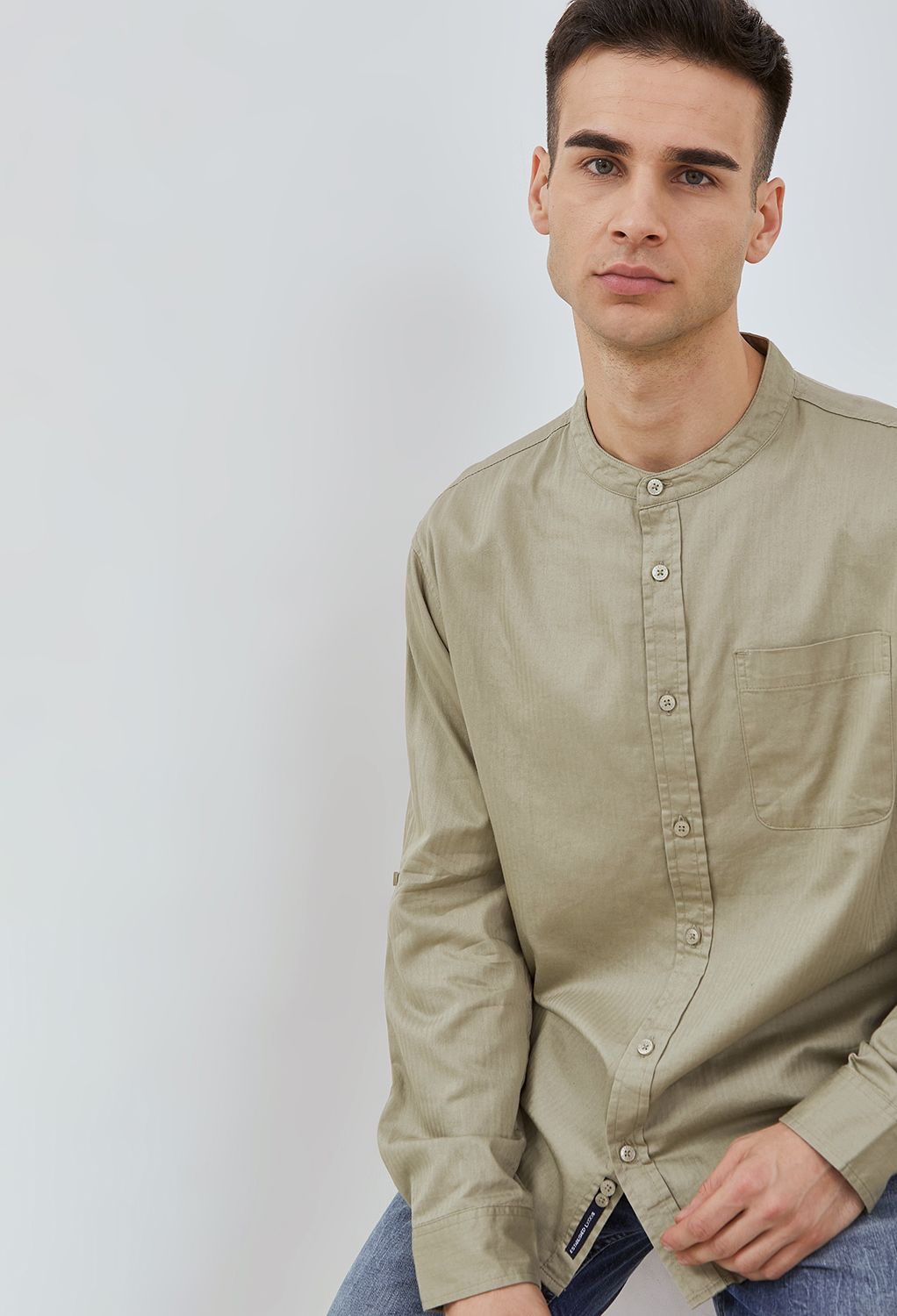Osella Solid Herringbone Pattern Regular Fit Long Sleeve Collared Shirt In Elm Green