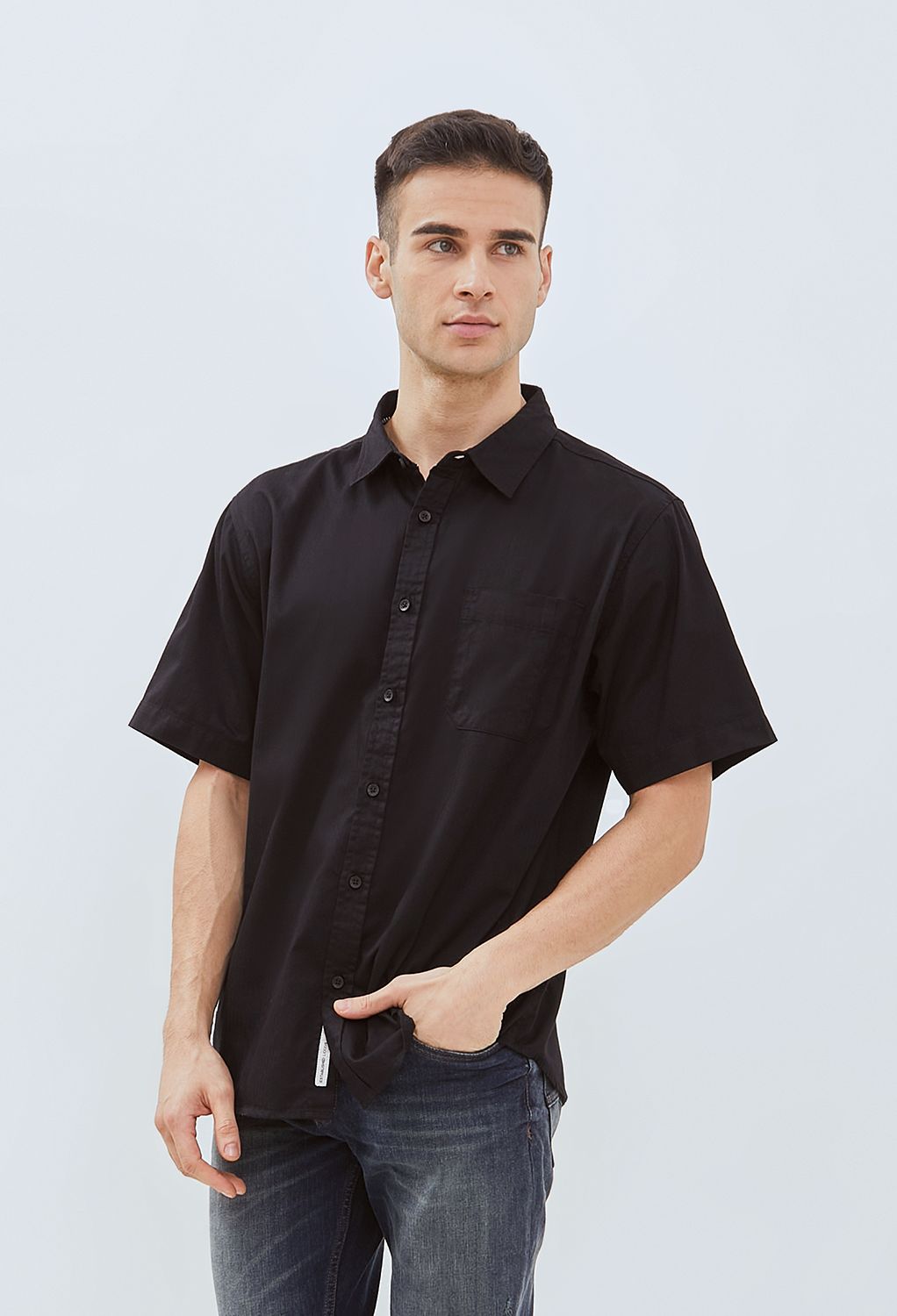 Osella Solid Herringbone Pattern Regular Fit Short Sleeve Collared Shirt In Black 2032500743
