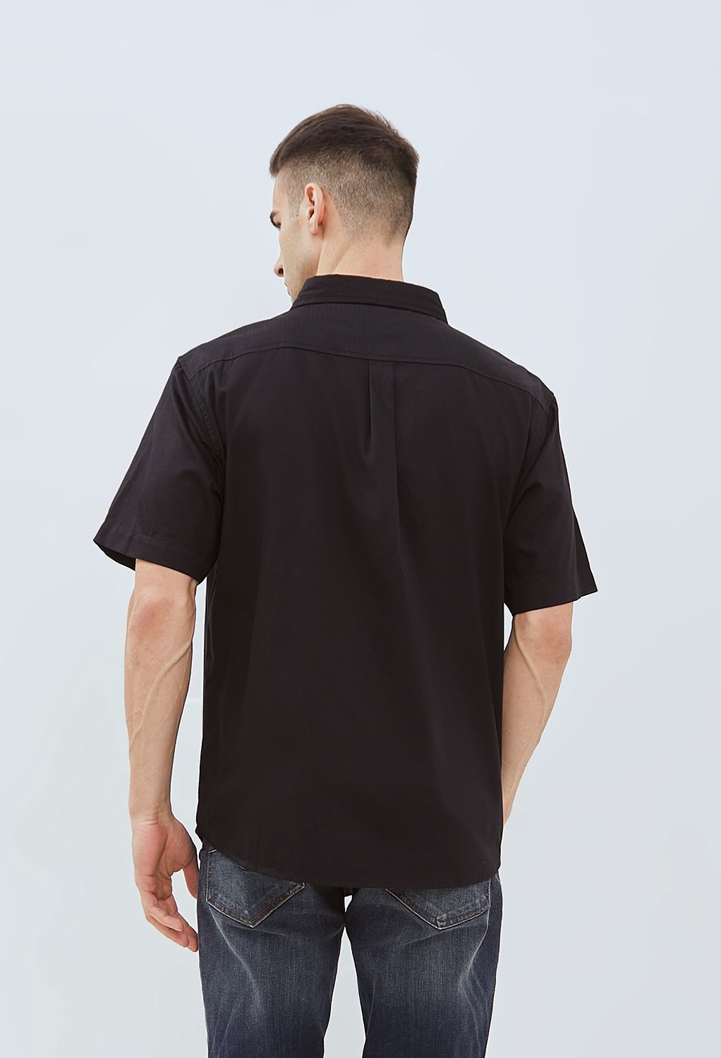 Osella Solid Herringbone Pattern Regular Fit Short Sleeve Collared Shirt In Black 2032500743