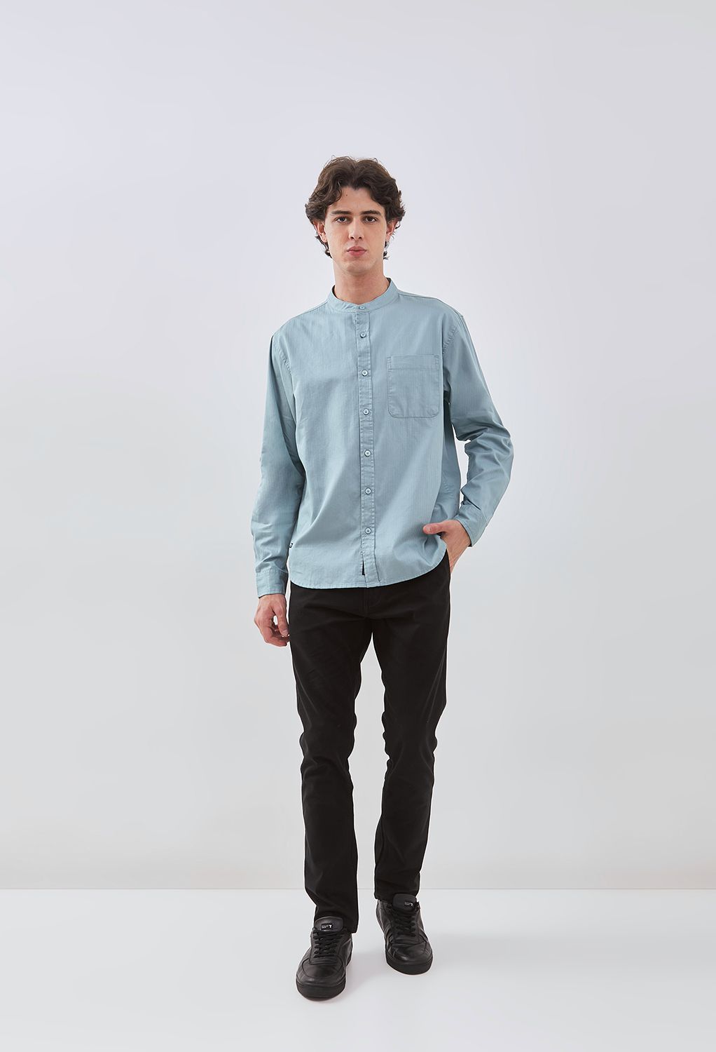 Osella Herringbone Long Sleeve Shanghai Collar Shirt In Silver Blue 2037521219