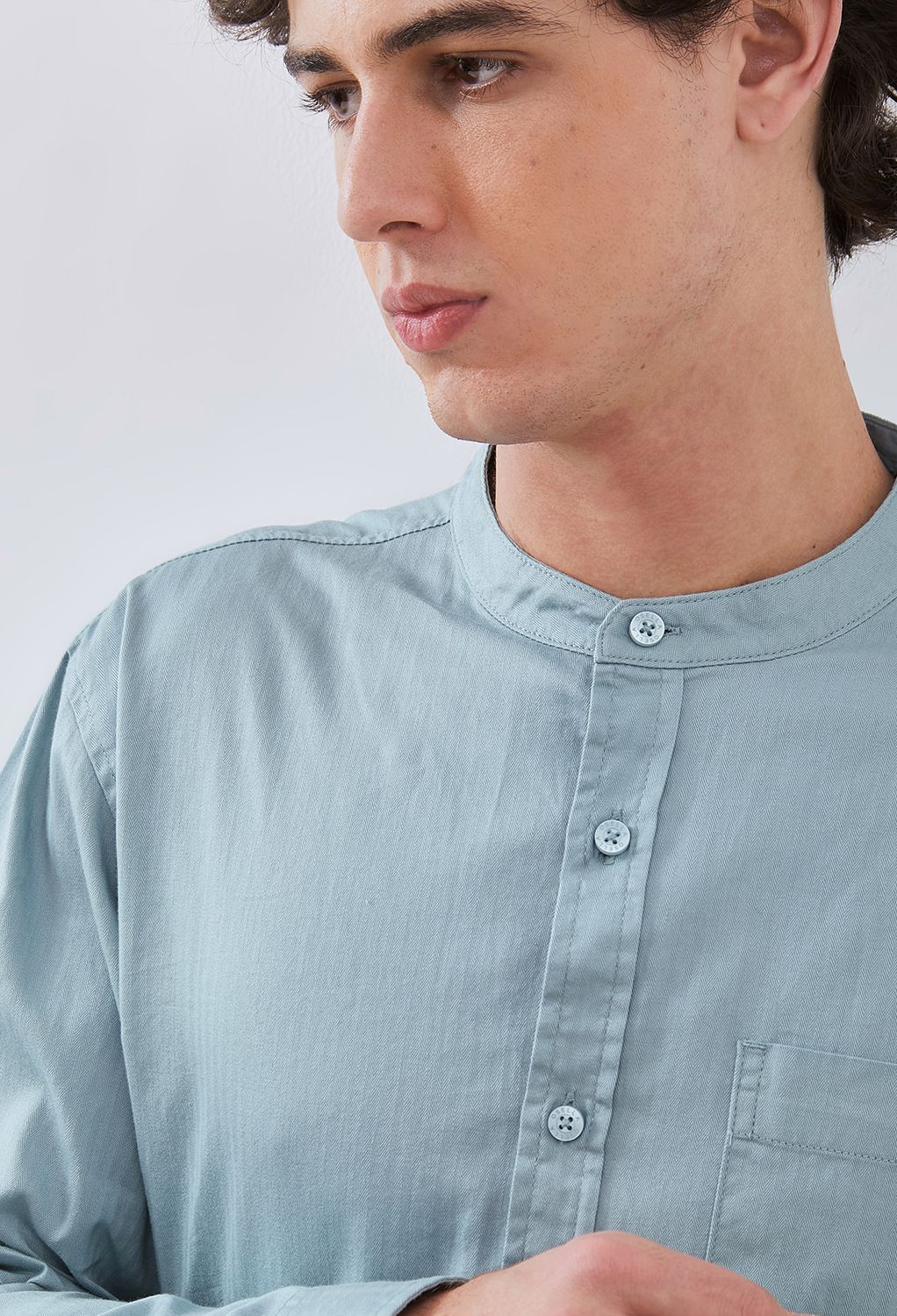 Osella Herringbone Long Sleeve Shanghai Collar Shirt In Silver Blue 2037521219