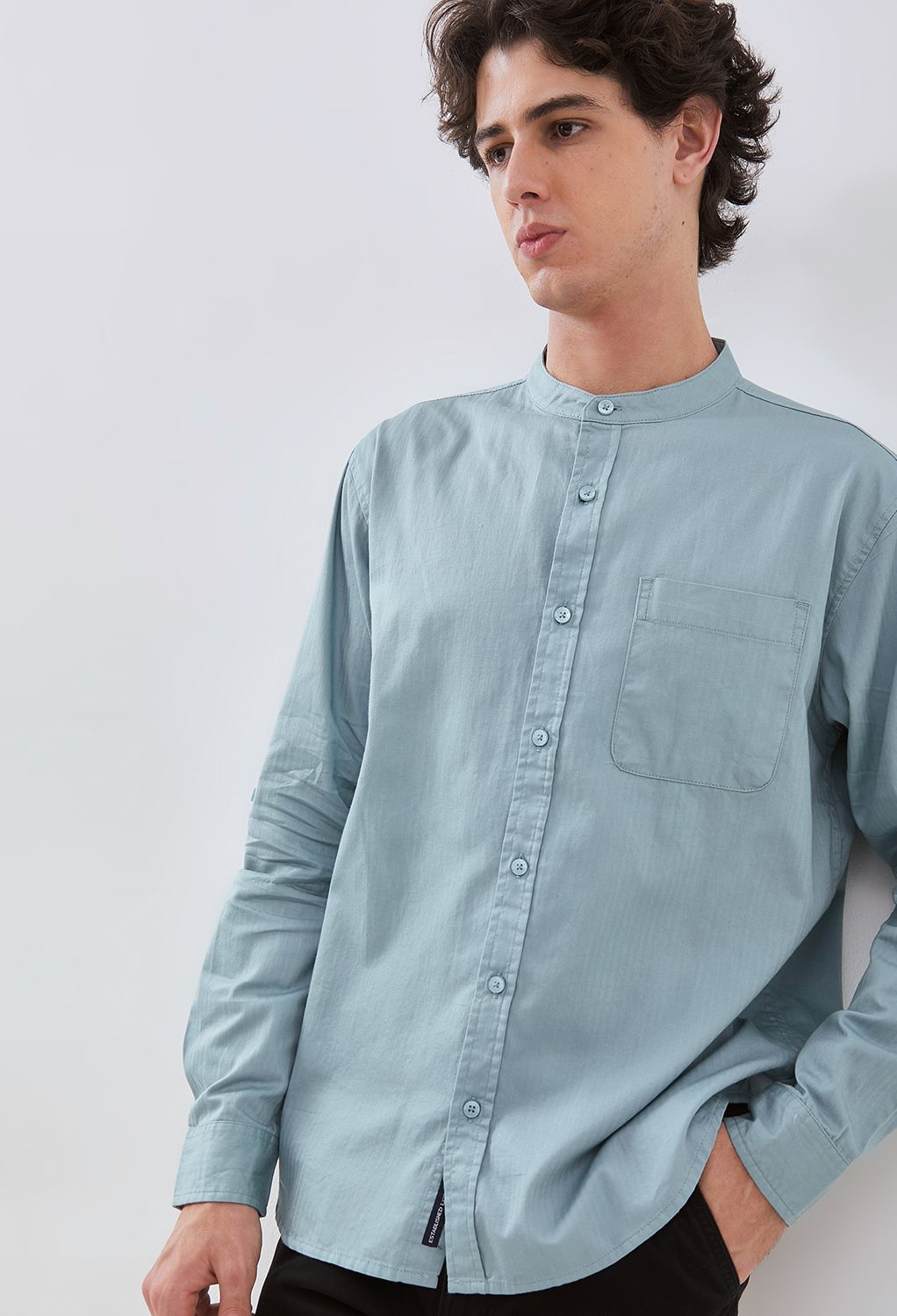 Osella Herringbone Long Sleeve Shanghai Collar Shirt In Silver Blue 2037521219