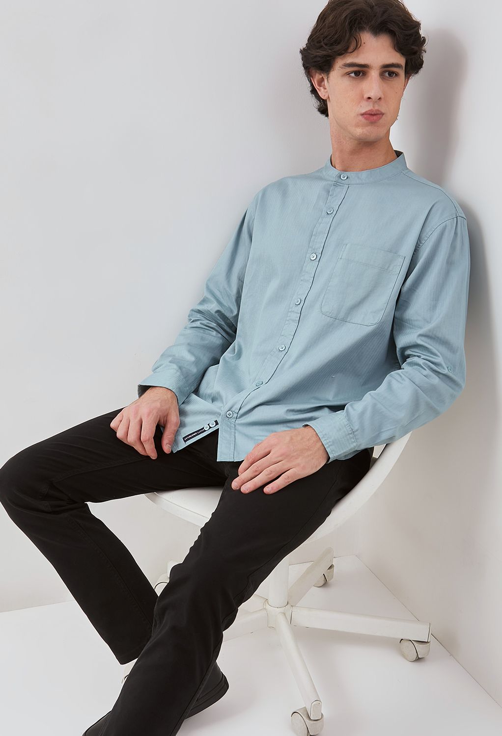 Osella Herringbone Long Sleeve Shanghai Collar Shirt In Silver Blue 2037521219