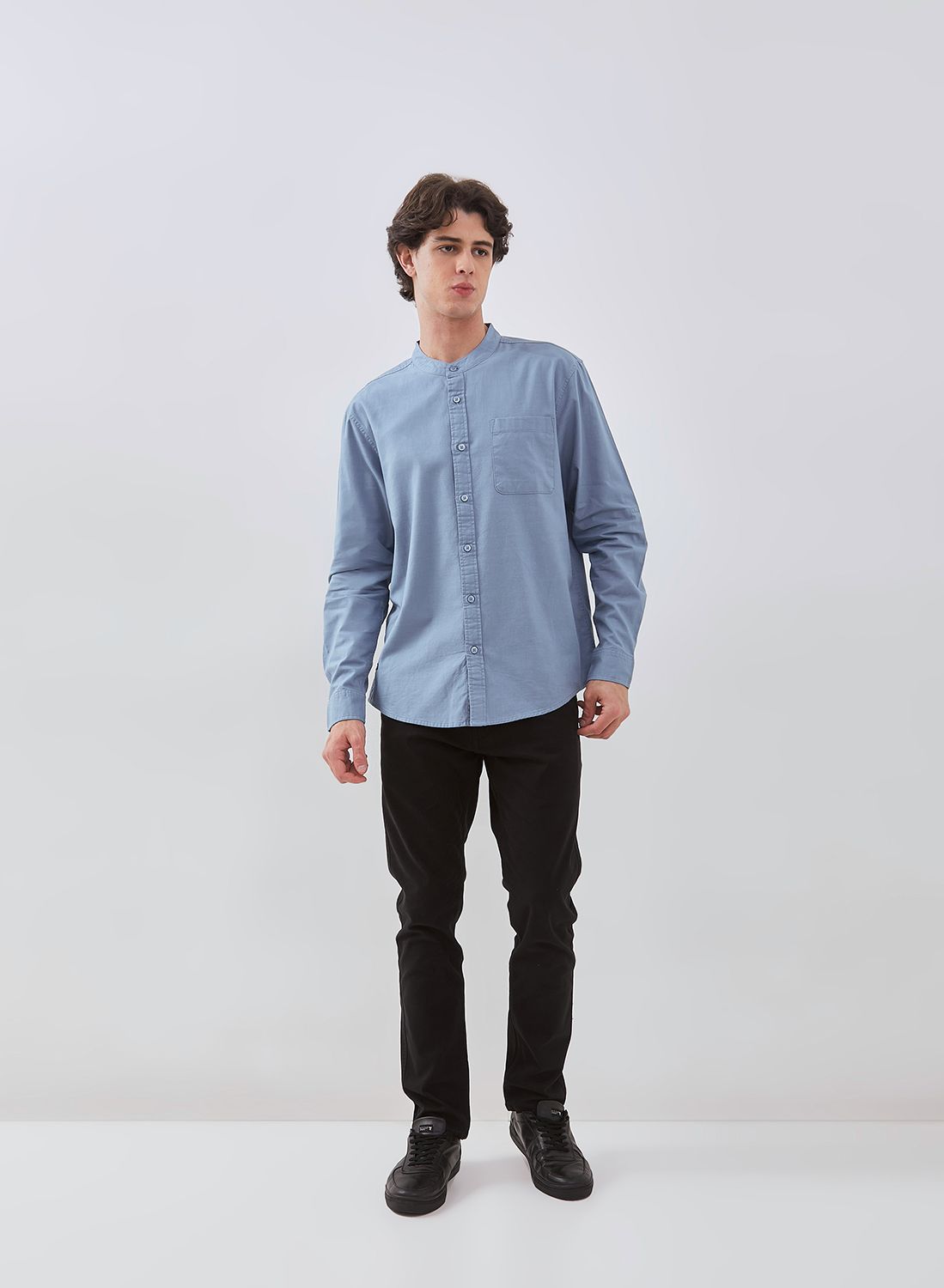 Osella Linen Look Slub Long Sleeve Shanghai Collar Shirt