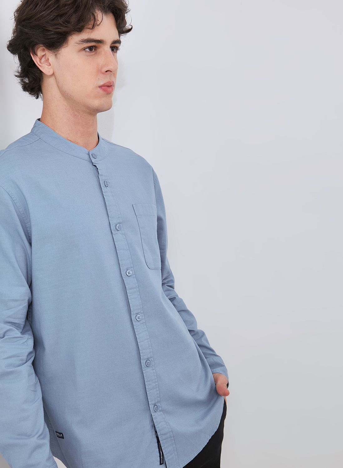 Osella Linen Look Slub Long Sleeve Shanghai Collar Shirt