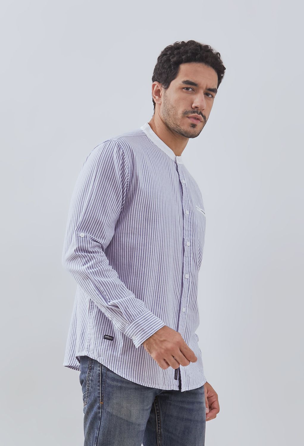 Osella Long Sleeve Small Striped Pattern With Shanghai Collared Shirt In Blue And White 2037501760