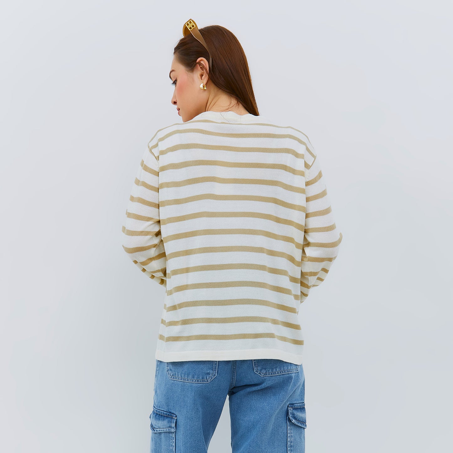 Osella Ladies Stripe Knit Cardigan In Beige And White