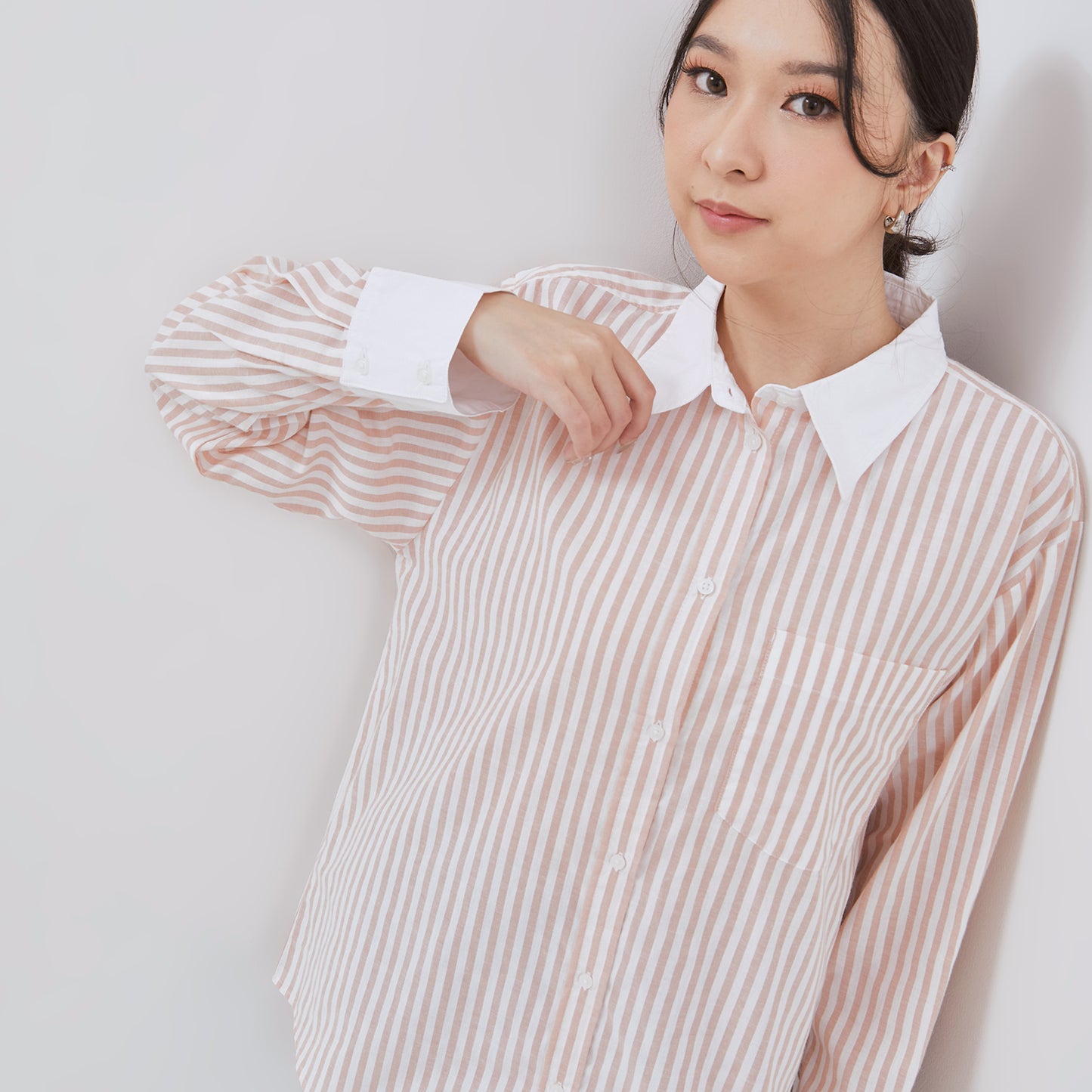 Osella Stripe Long Sleeve Shirt With Contrast Detailing In Light Pink And White