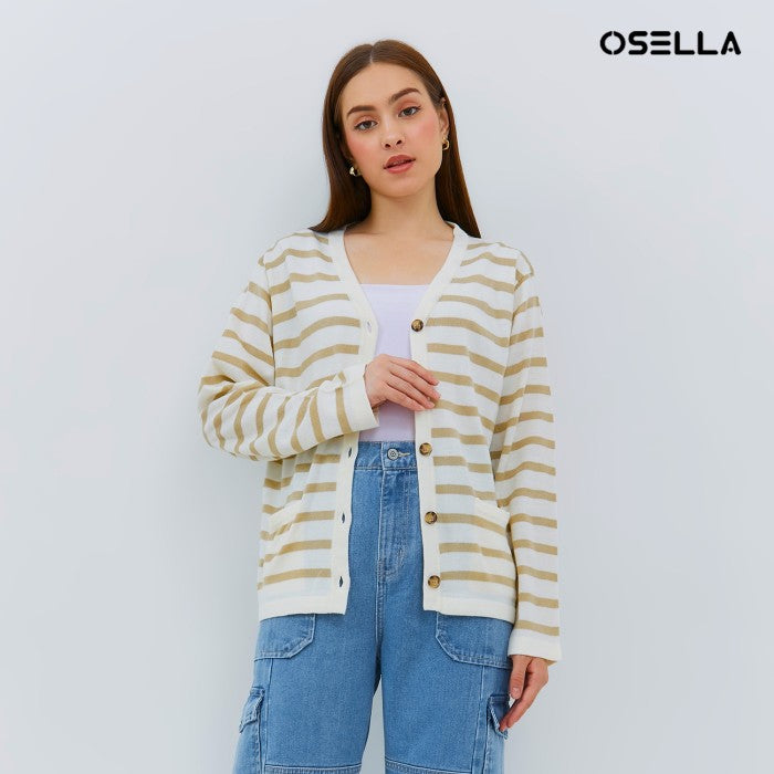 Osella Ladies Stripe Knit Cardigan In Beige And White