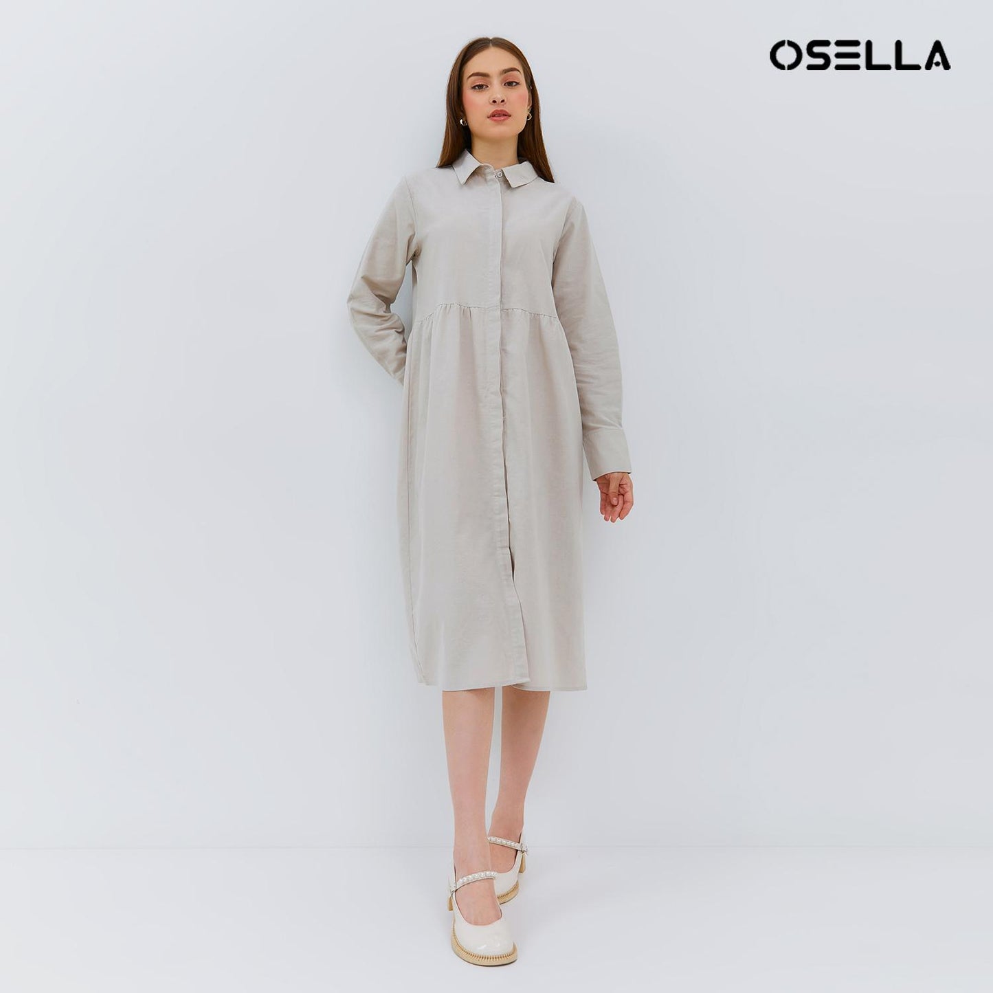 Osella Ladies Long Sleeve  Maxi Dress With Shanghai Collar In Ecru
