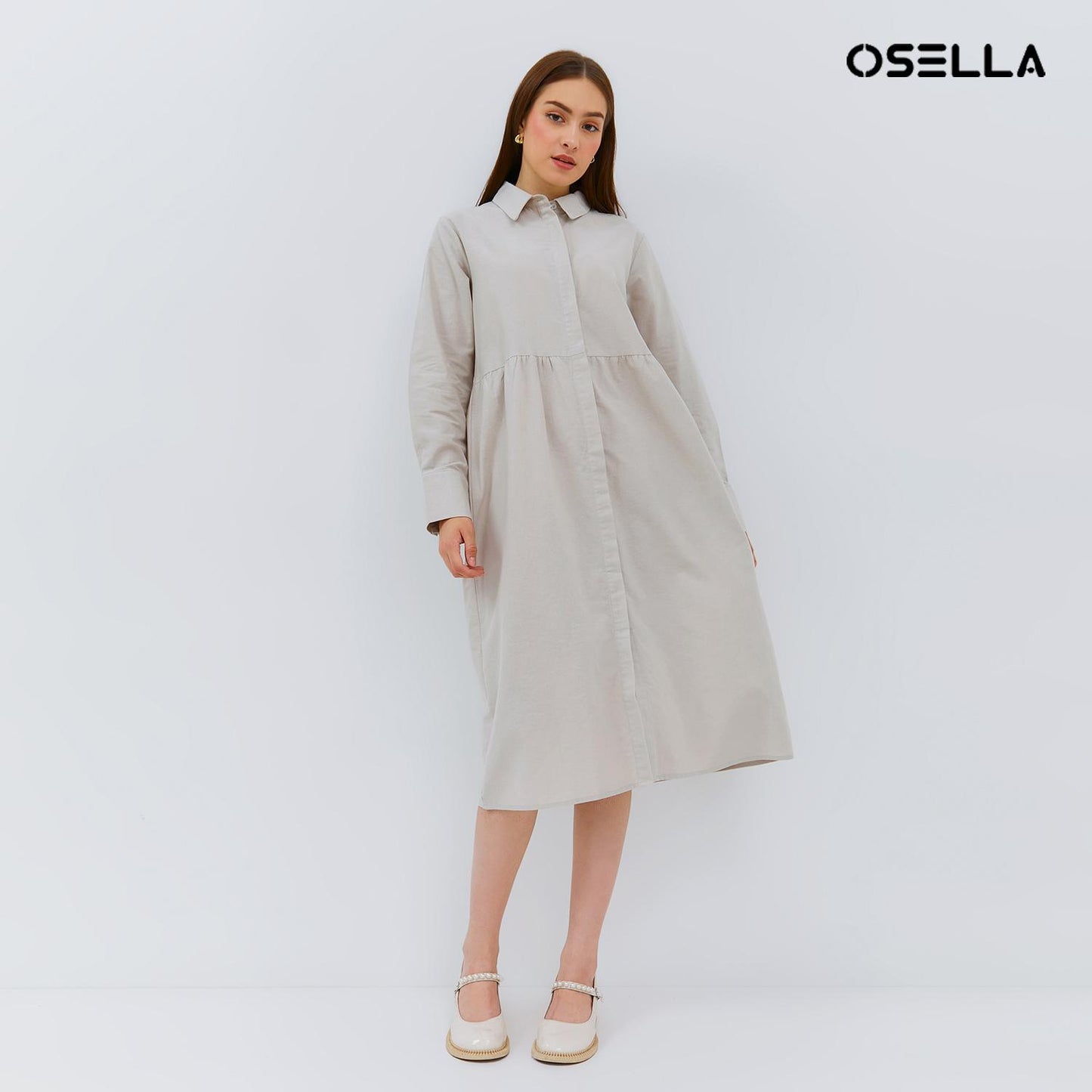 Osella Ladies Long Sleeve  Maxi Dress With Shanghai Collar In Ecru