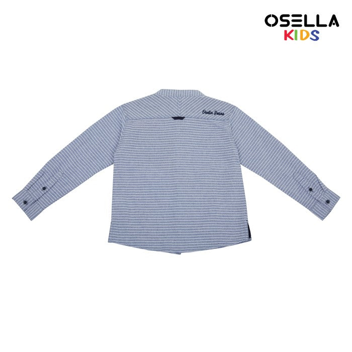 OSELLA STRIPE PATTERN SHANGHAI COLLAR LONG SLEEVE SHIRT IN LIGHT INDIGO AND WHITE 22375204 | Atasan Kemeja Lengan Panjang Anak Laki Laki