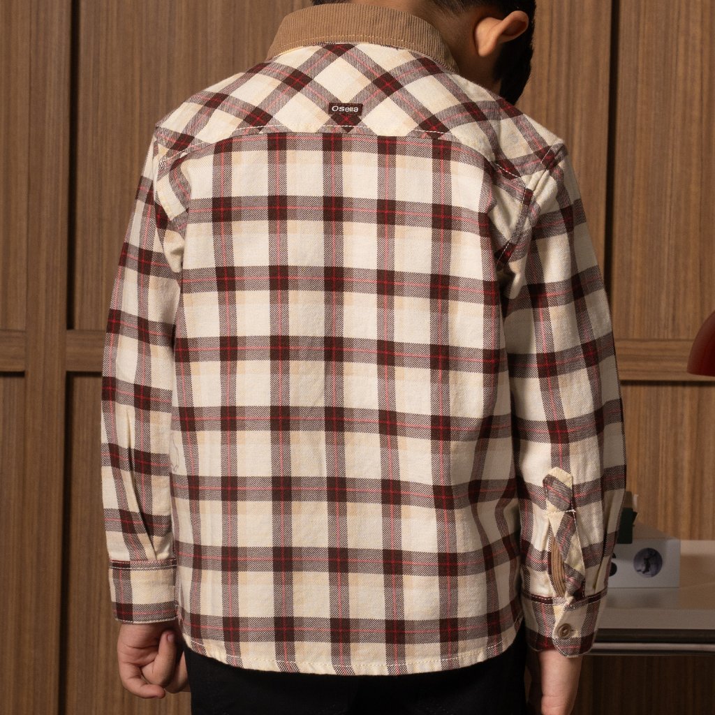Osella Kids Flarry Regular Long Shirt Checkered In Camel 223U660355 | Atasan Kemeja Flanel Lengan Panjang Anak Laki Laki