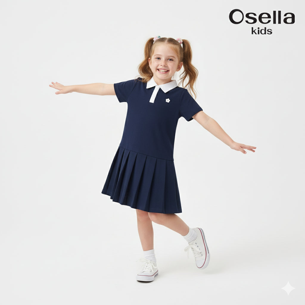 Osella Pleated Polo Dress With Flower Patch 23565004 | Midi Dress Anak Perempuan