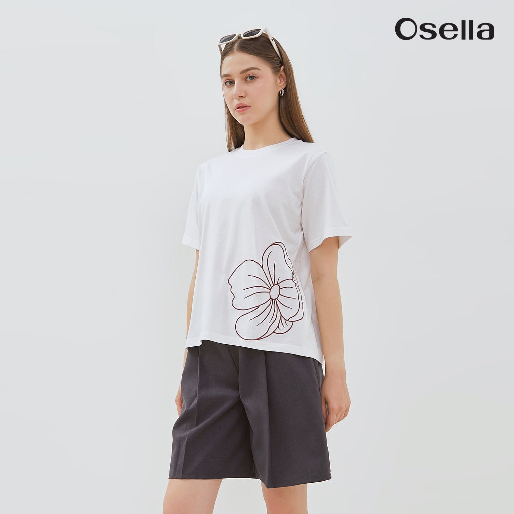 Osella Floral Embroidery T-Shirt 2171660101 | Kaos Basic Motif Bunga Lengan Pendek Wanita